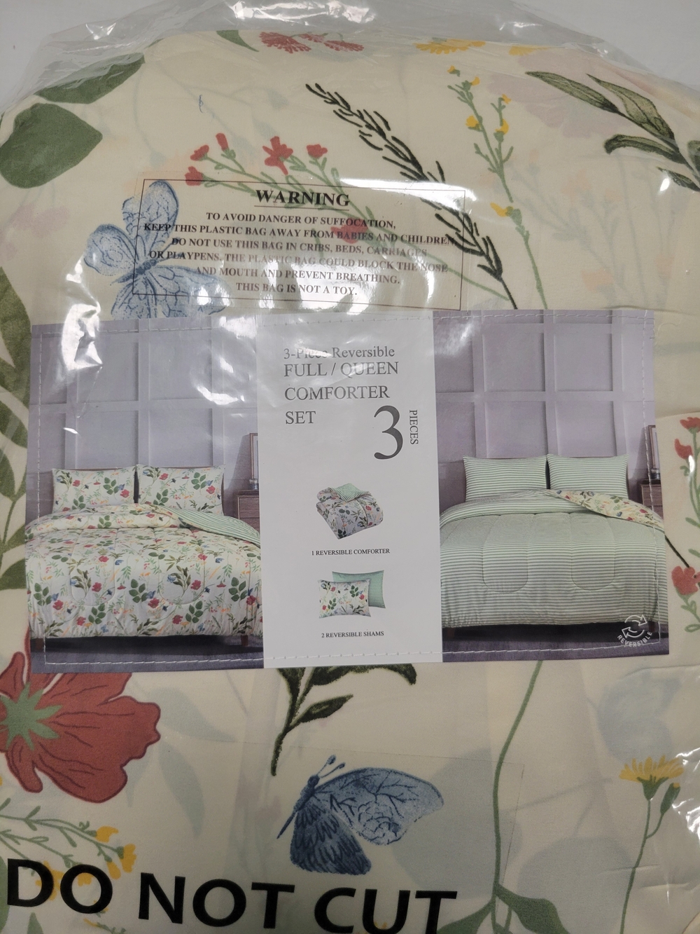 Reversible Floral and Striped Comforter Set in Cream - 3-Piece (Full/Queen)